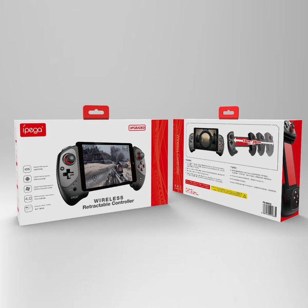 Red telescopic Bluetooth gamepad controller for Android, iOS, and PC on a table.