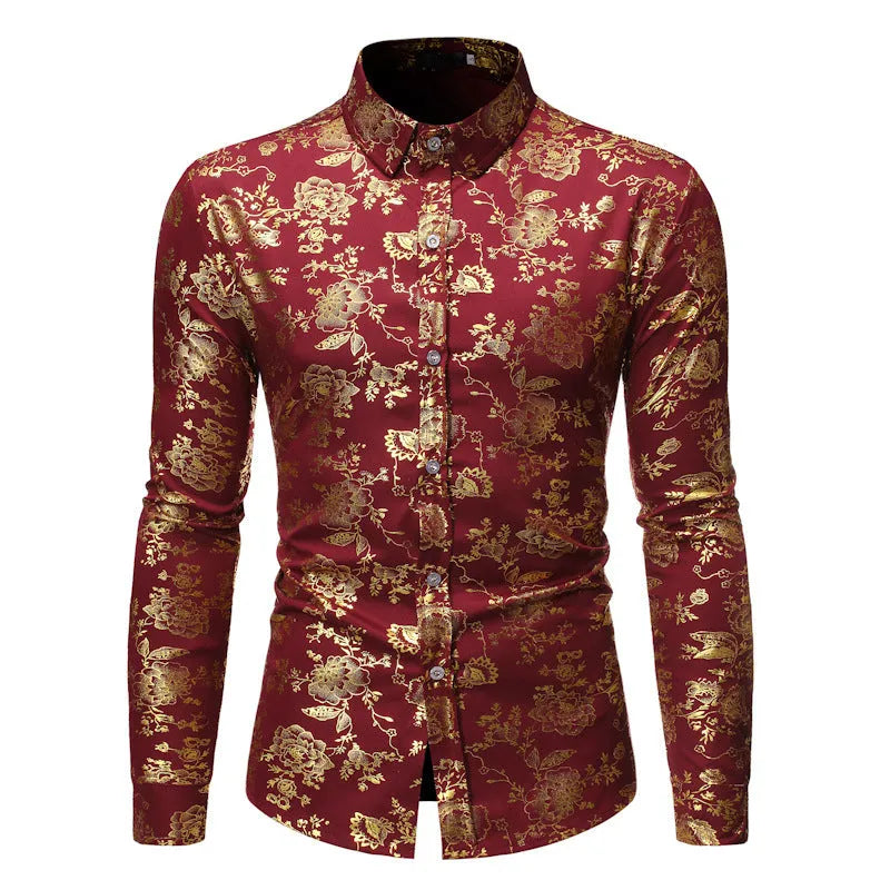 Men's casual shirt with metal bronzing printed lapel design in polyester fabric
