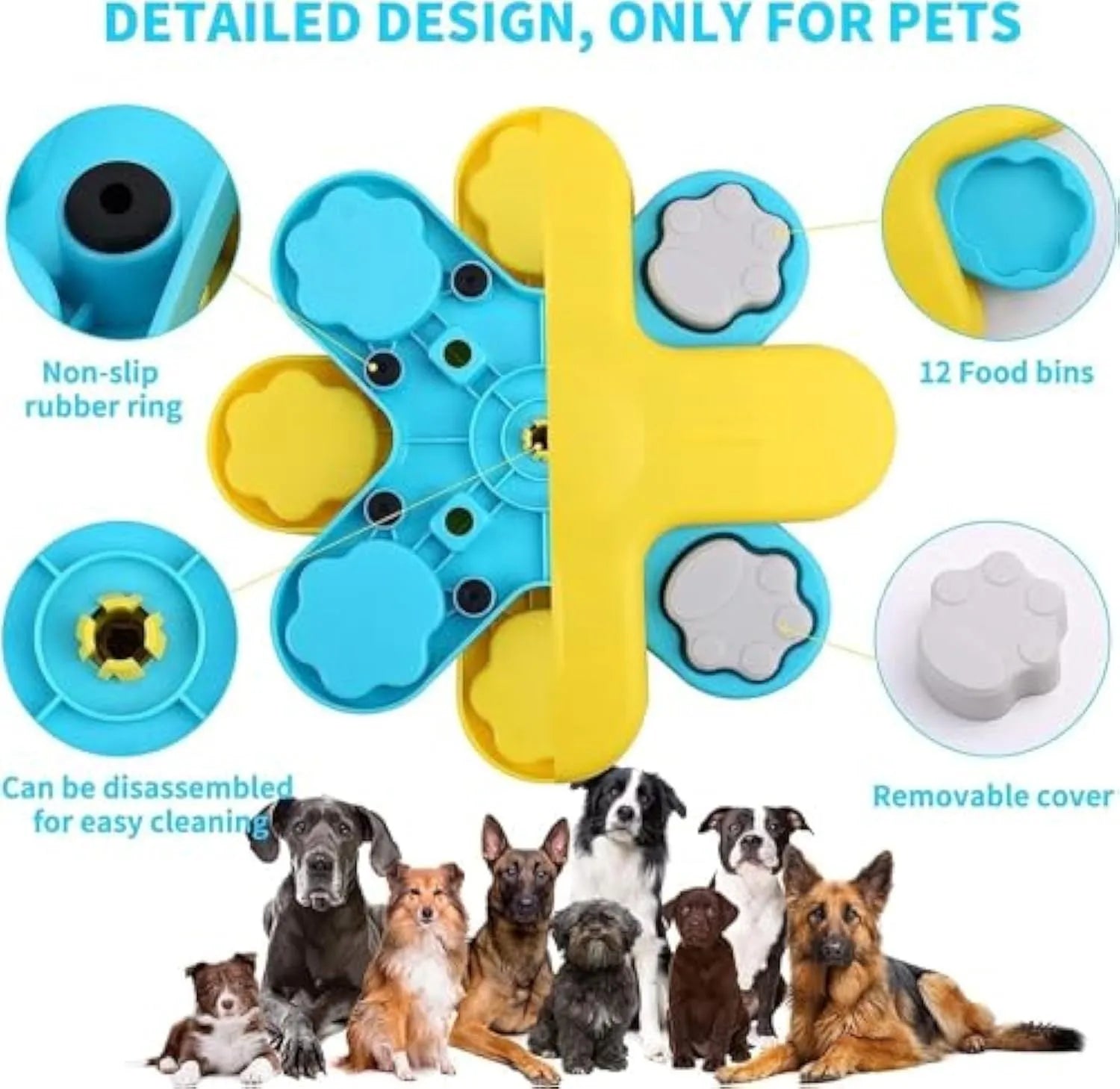 Yellow three-layer rotating dog puzzle feeder toy with anti-slip base for interactive slow feeding