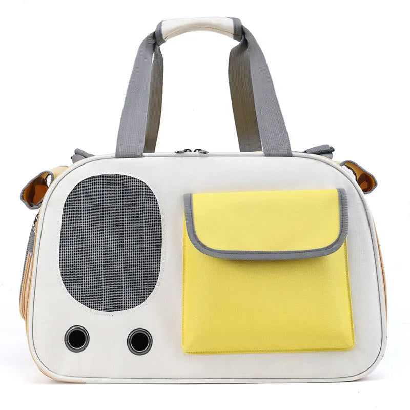 Foldable canvas pet carrier bag with shoulder strap shown in three colour options.