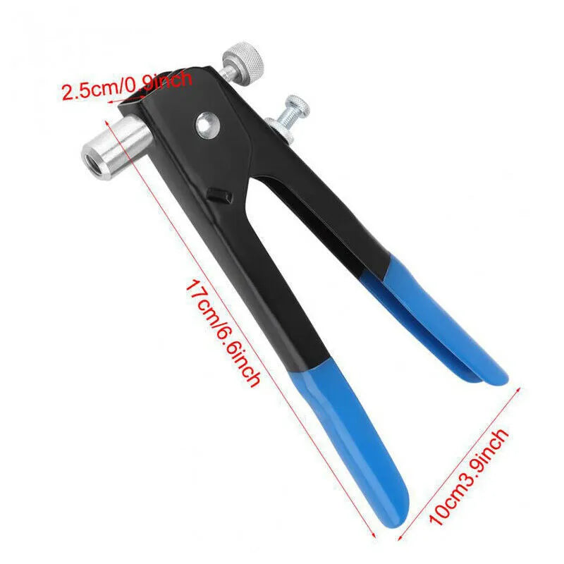 Alloy steel manual riveter tool with a case of nuts and rivets from the included gun set.