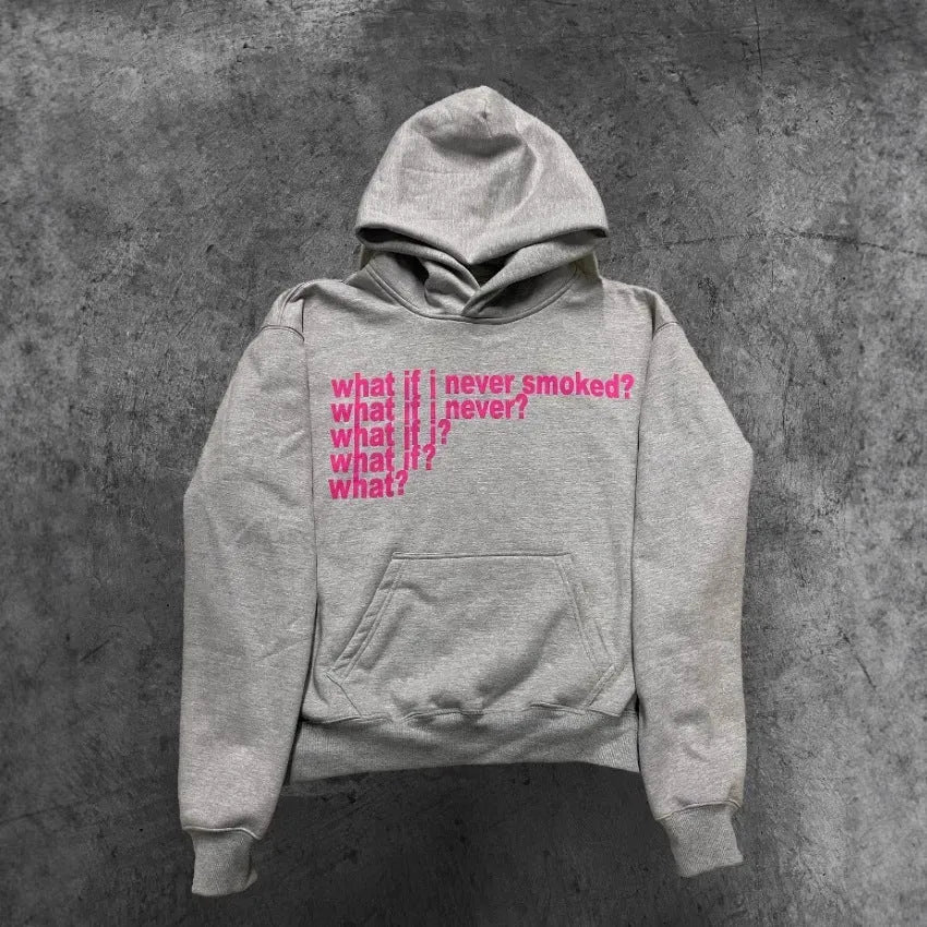 Black hooded sweater with white letter print design, regular sleeves and hooded collar