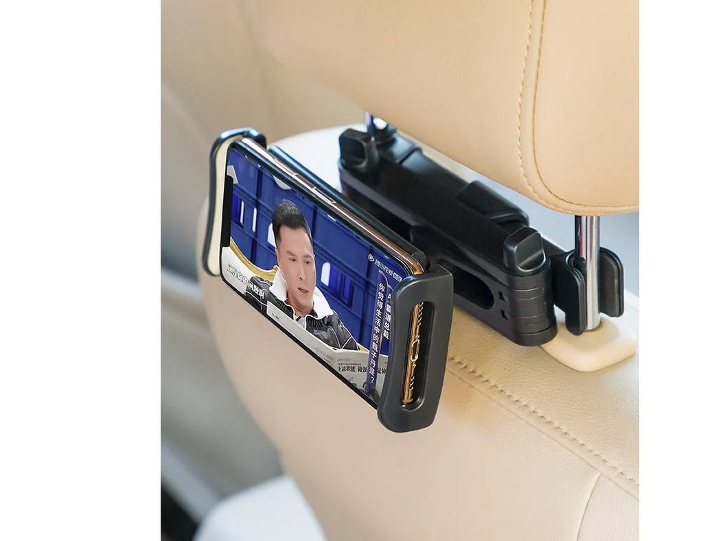 Black universal car phone and iPad holder mounted on a car seat headrest.
