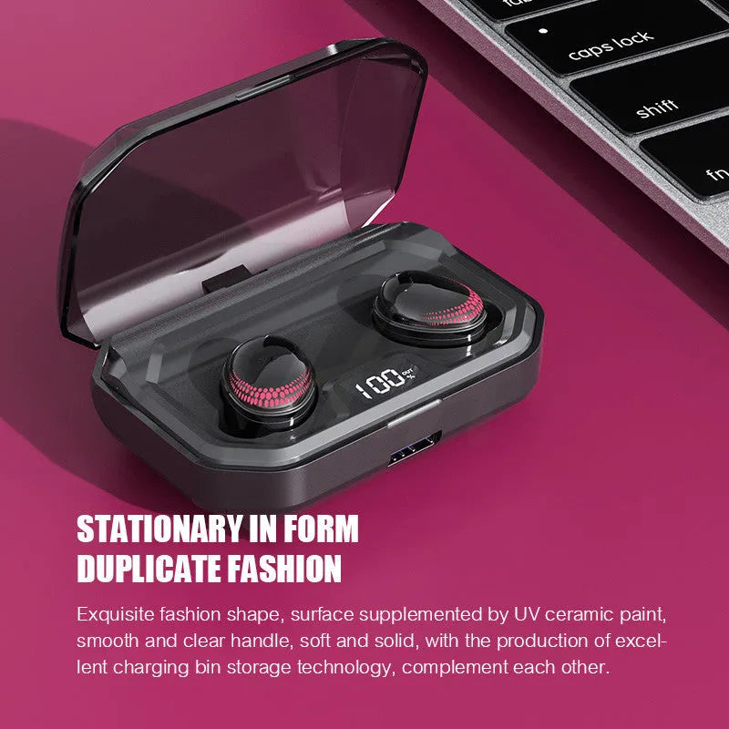 Black X10 Bluetooth headset and charging case on a white background.