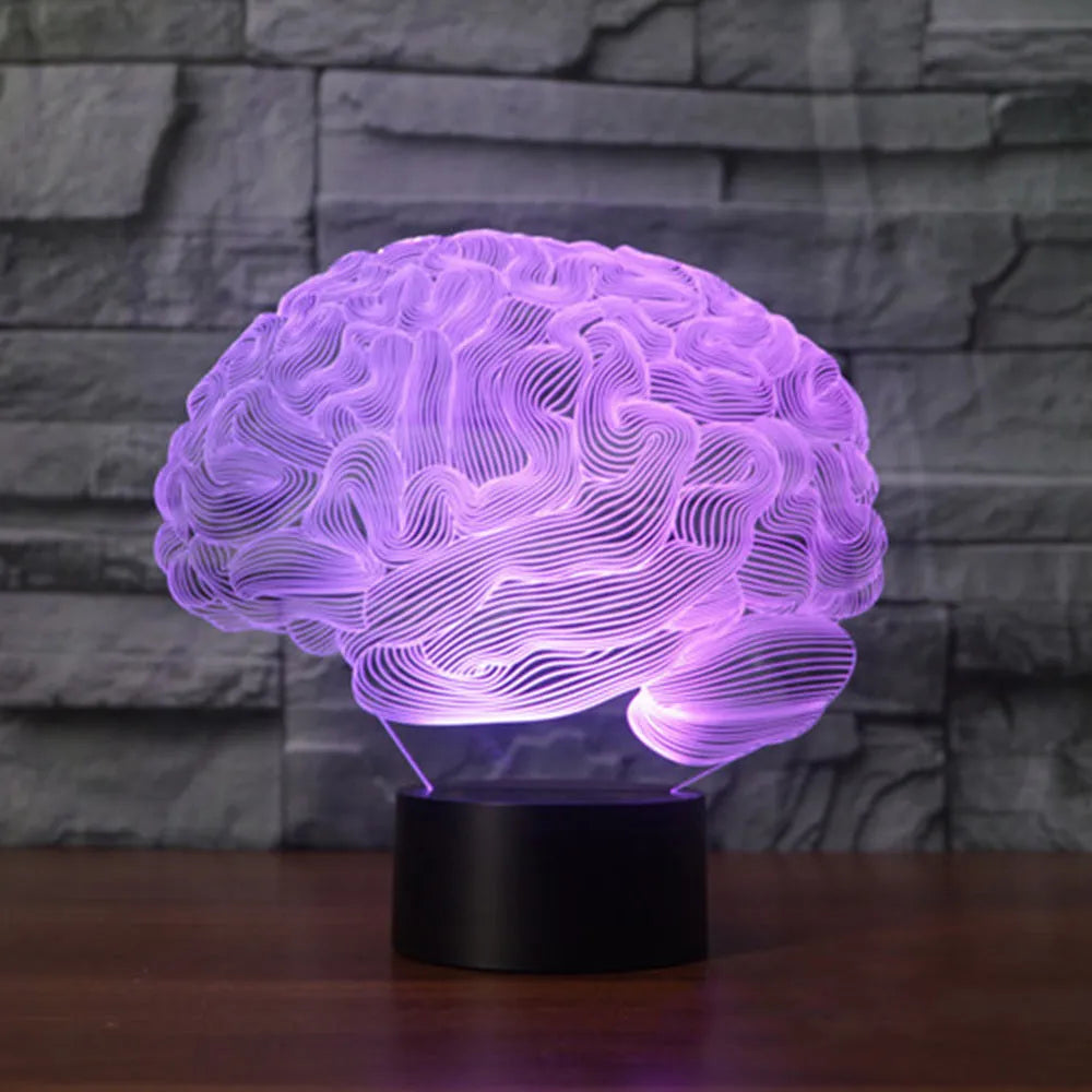 3D brain illusion LED desk lamp with remote control showing colourful lighting effects on acrylic panel