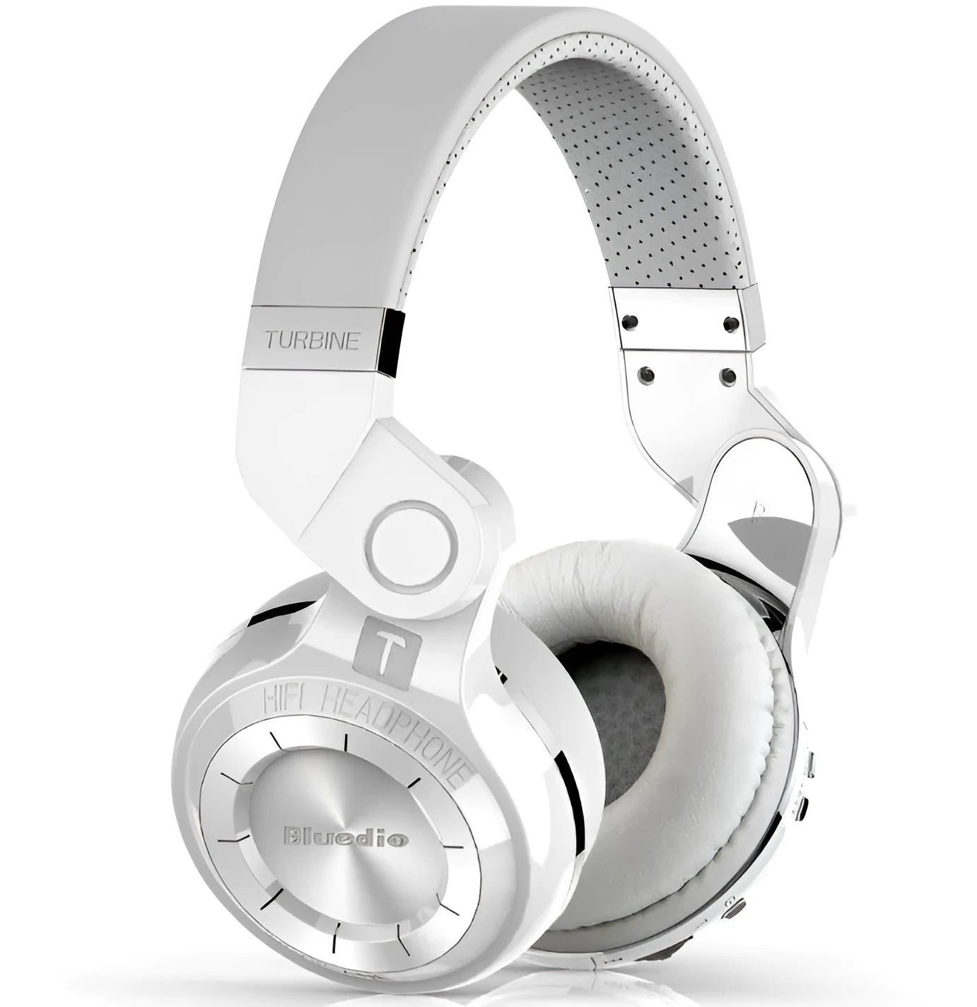 Blue String T2 black and white over-ear Bluetooth headphones showing rotating fold mechanism and 1.5m cable