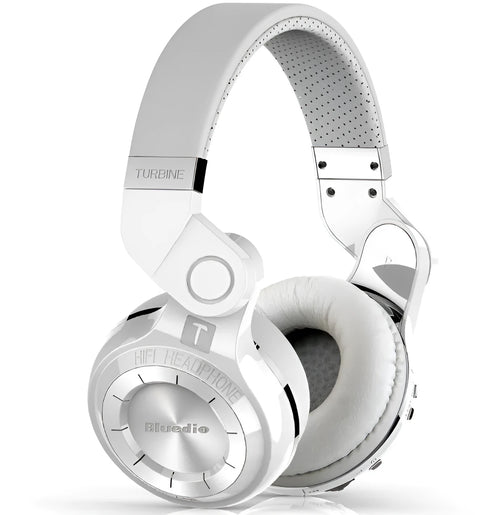 Blue String T2 black and white over-ear Bluetooth headphones showing rotating fold mechanism and 1.5m cable
