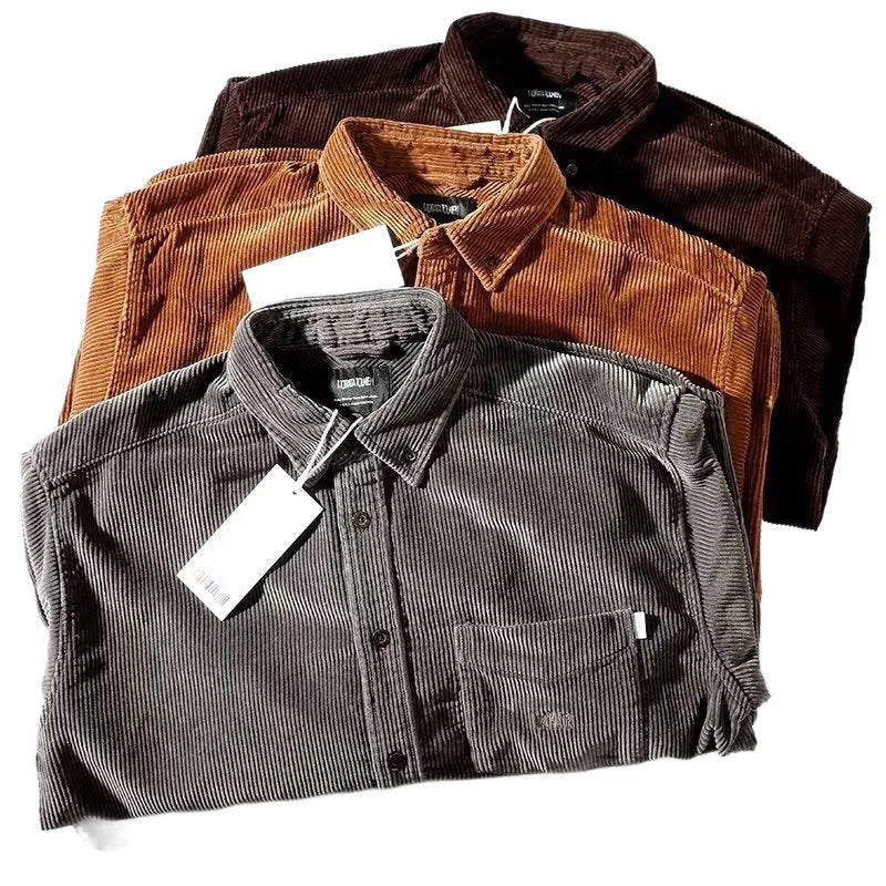 Men's caramel corduroy loose fit cardigan shirt with long sleeves Hong Kong style
