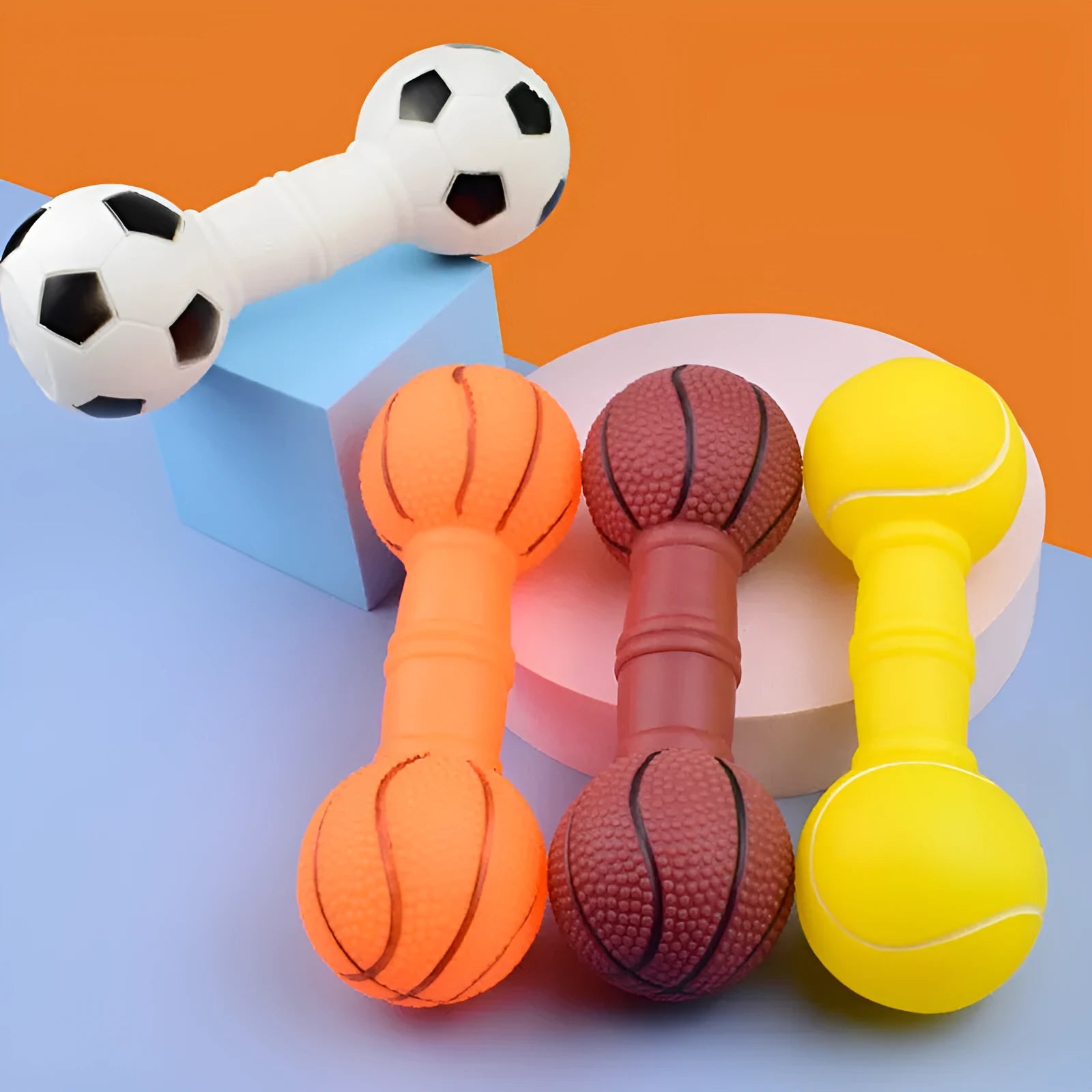 Brown, orange, white and yellow football dumbbell shaped squeaky dog chew toy.