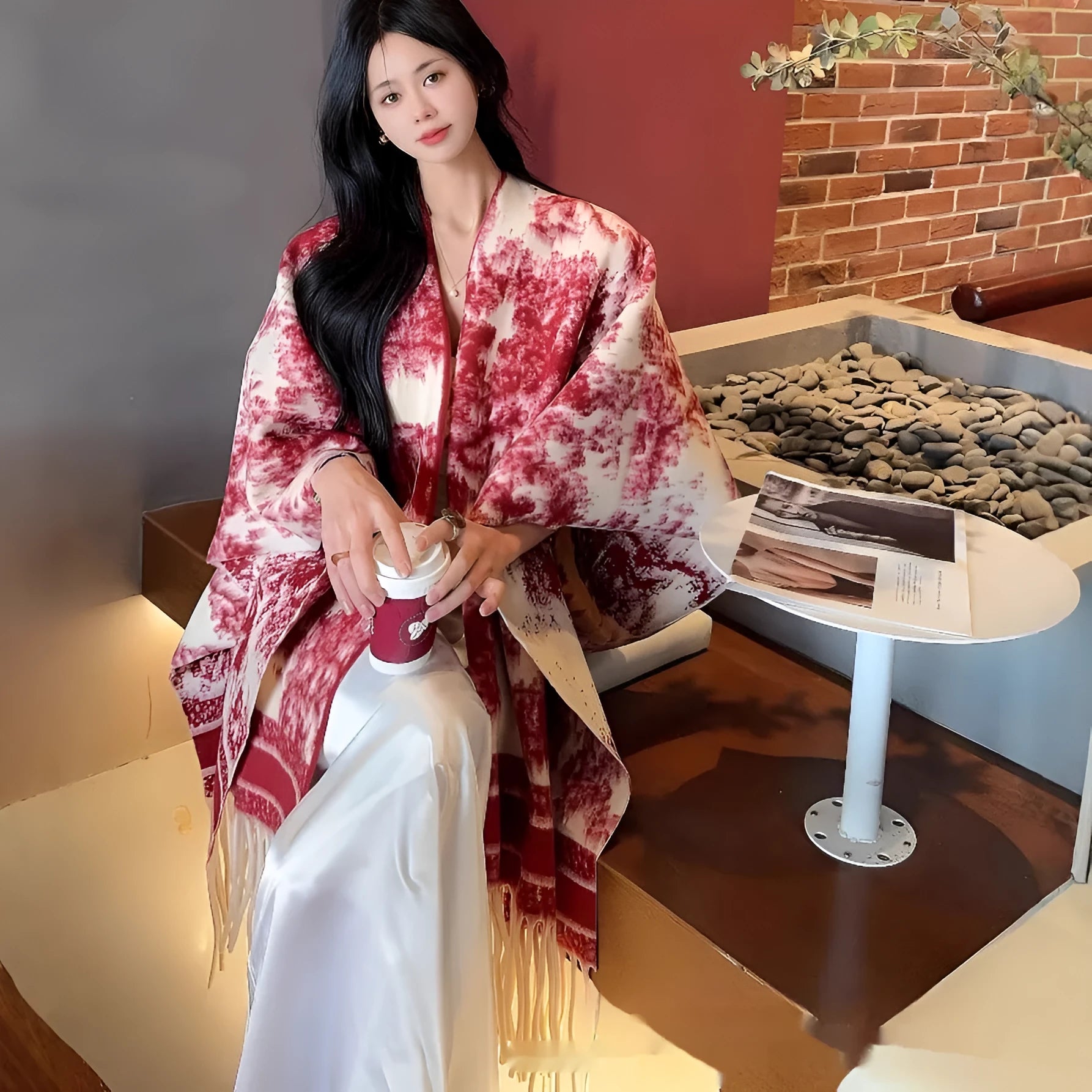 Women's polyester scarf cape in a free size with tassel detail, shown in one of five available colours.