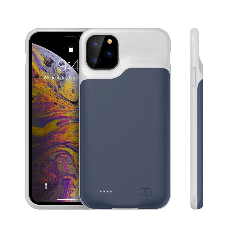 Shockproof silicone iPhone charging case with extended battery in black, blue, pink or white colours