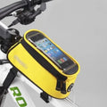 ROSWHEEL PVC bicycle frame phone bag in black mounted on bike frame showing iPhone compatibility