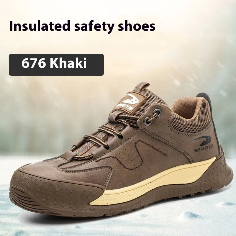 Flyknit safety work shoe with leather upper and rubber sole in black colour