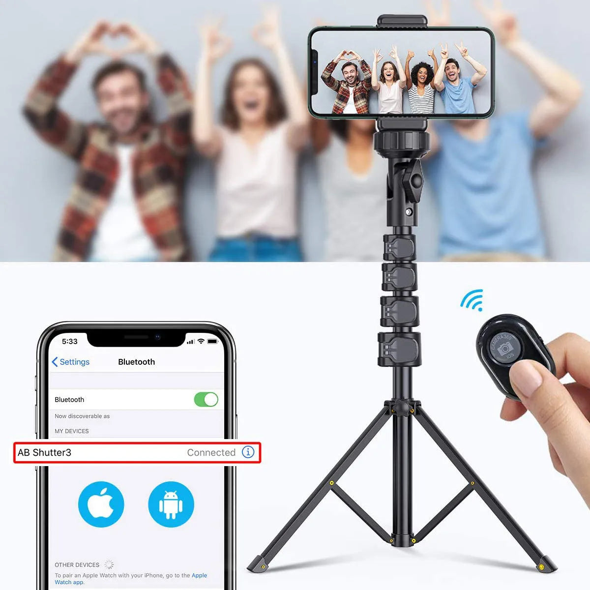 Black aluminium selfie stick tripod extended to different heights with iPhone mounted