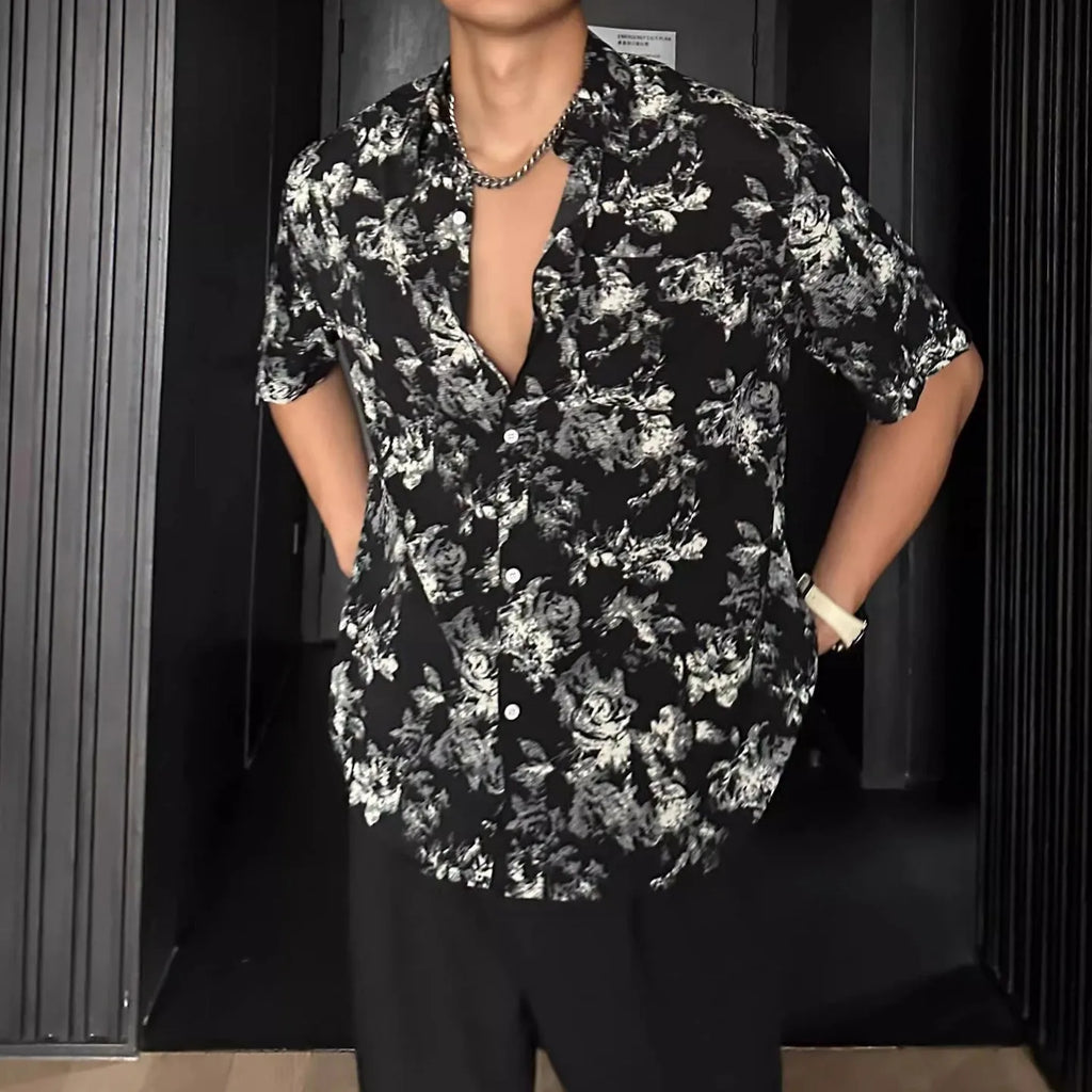 Short sleeve floral print shirt in black or white with loose casual fit