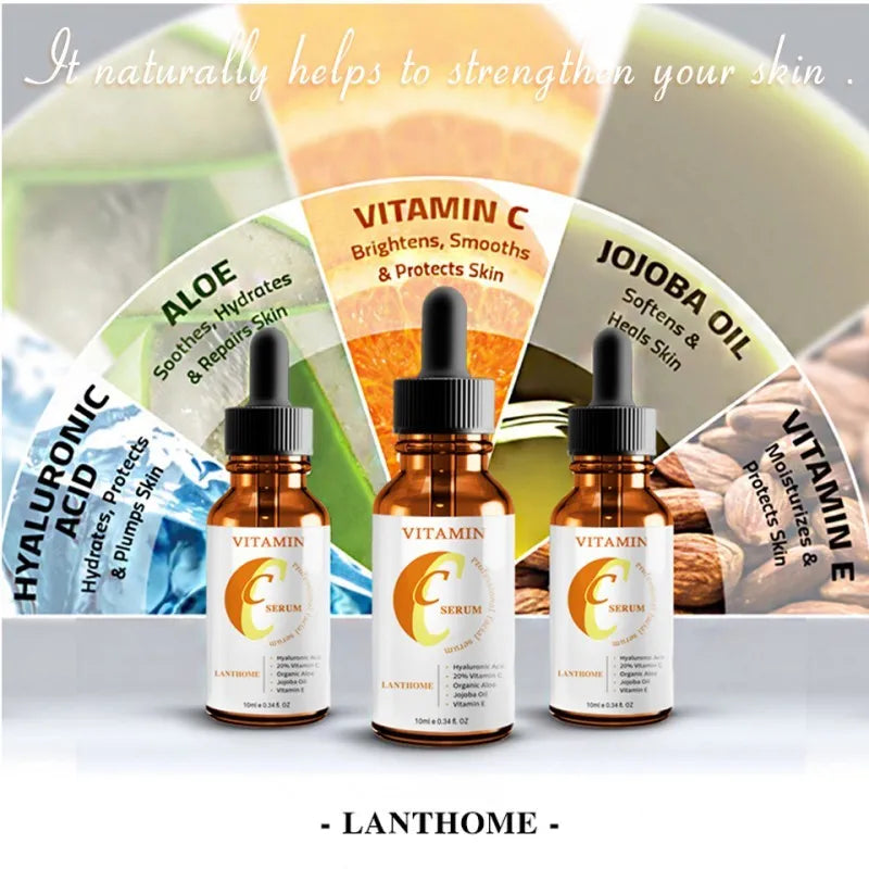 10ml bottle of Vitamin C and hyaluronic acid facial serum for skin brightening and anti-aging.