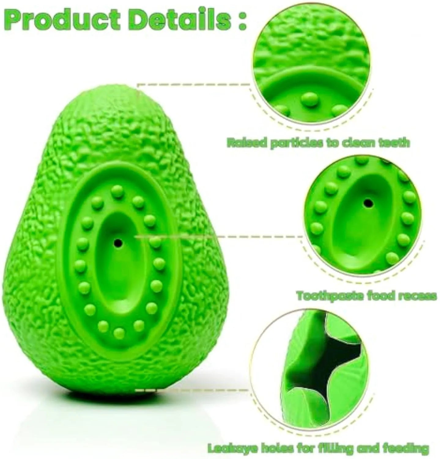 Green avocado-shaped natural rubber dog chew toy for aggressive chewers with textured surface