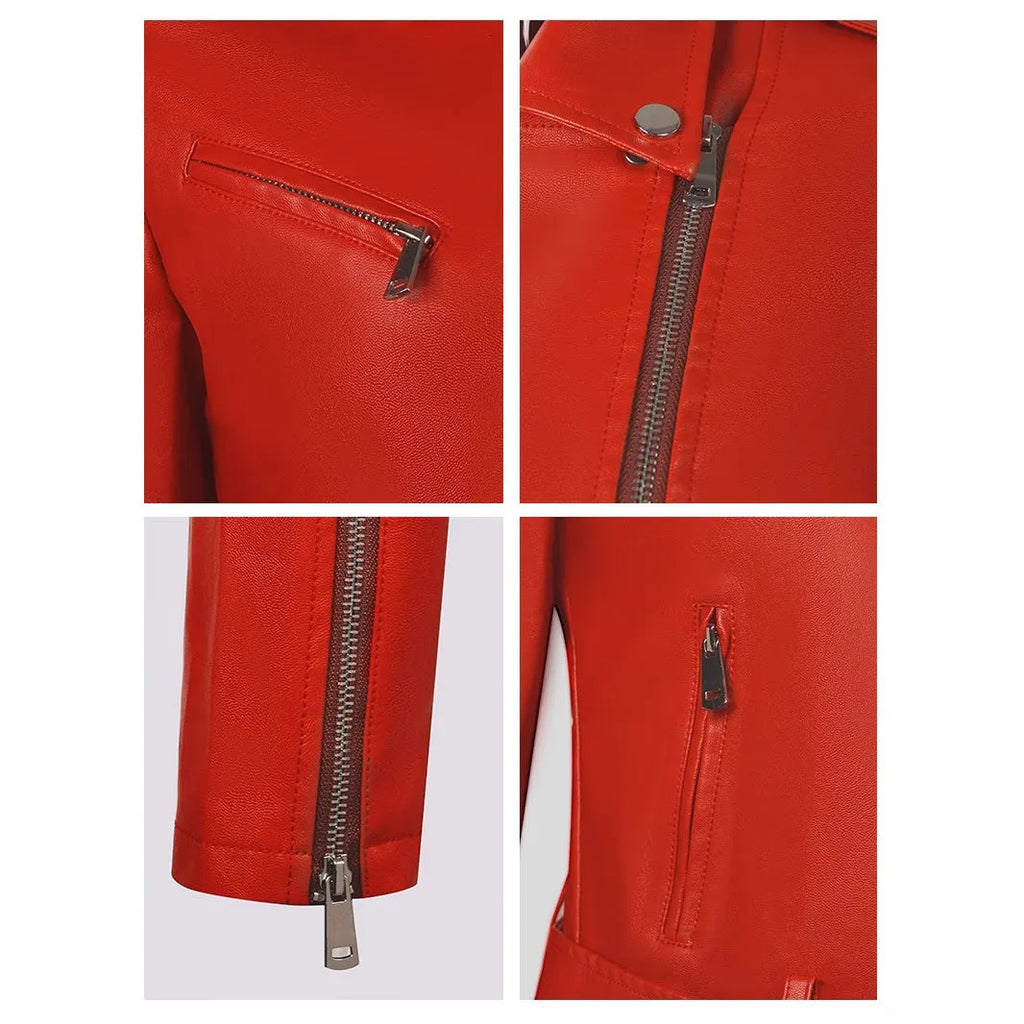 Women's black PU leather motorcycle jacket with a lapel collar and an adjustable short belt.