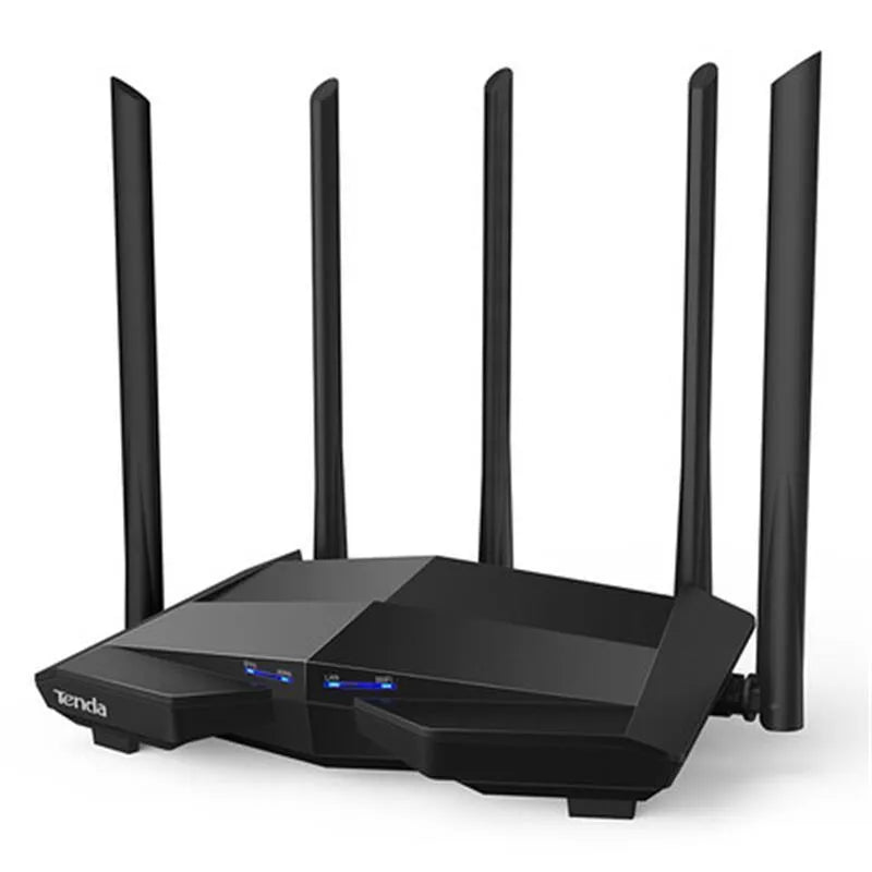 Black AC11 Gigabit wireless router with four Ethernet ports and compact design