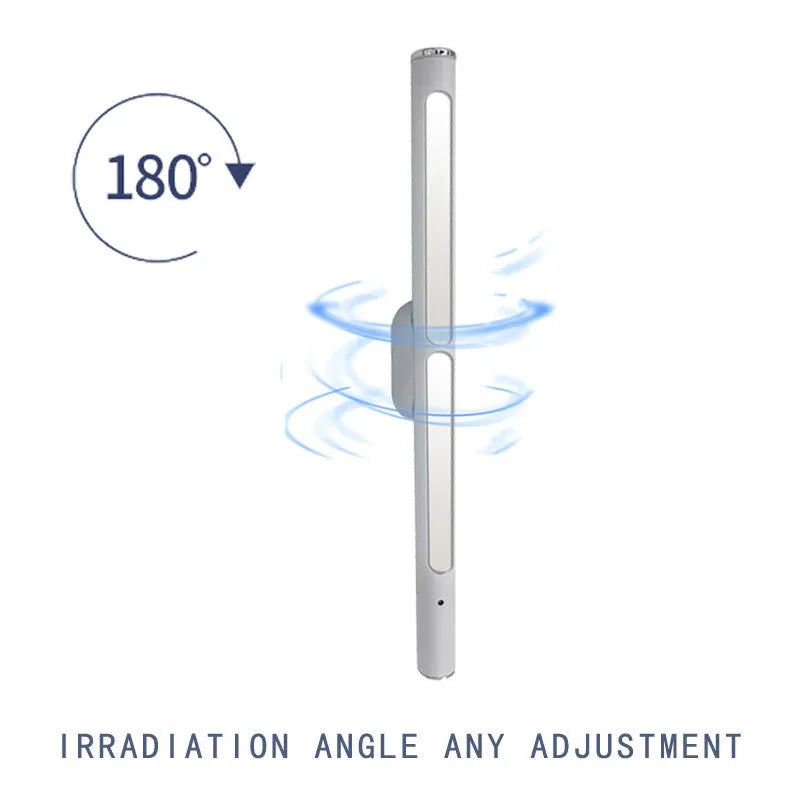 Silver handheld UV disinfection stick on white background, USB rechargeable, 20x300mm, PC aluminium construction
