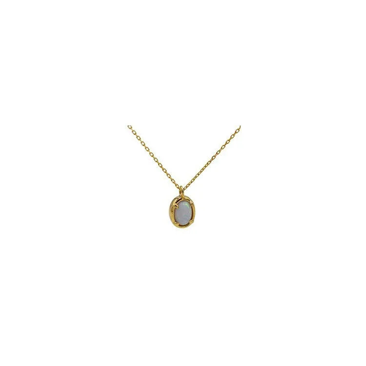 Geometric oval jelly opal pendant necklace on a chain in gold or silver tone.
