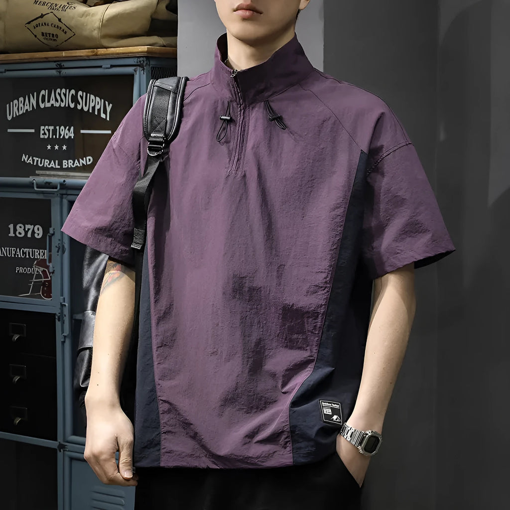 Men's brown half-zipped stand collar short sleeve casual shirt made from Ice Silk fabric.