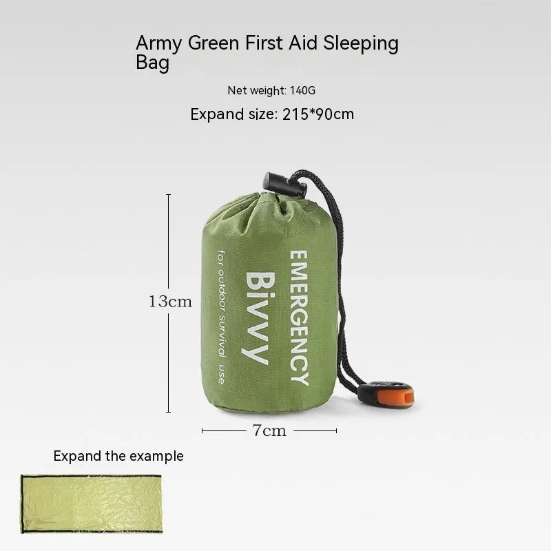 Emergency disaster relief tent kit with sleeping bag and raincoat in orange and green colours