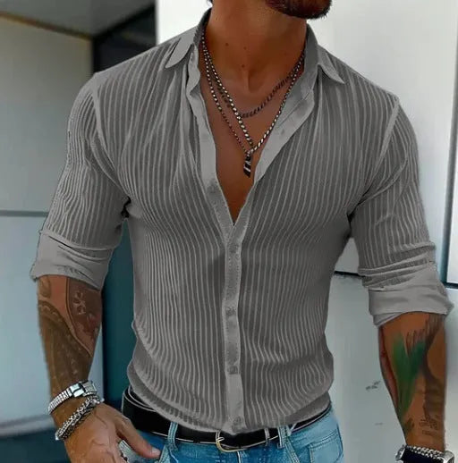 British style loose fit men's cardigan with long sleeves and a striped 3D pattern.