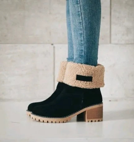 Women's suede mid-tube snow boots in black with a thick low heel and beef tendon sole.