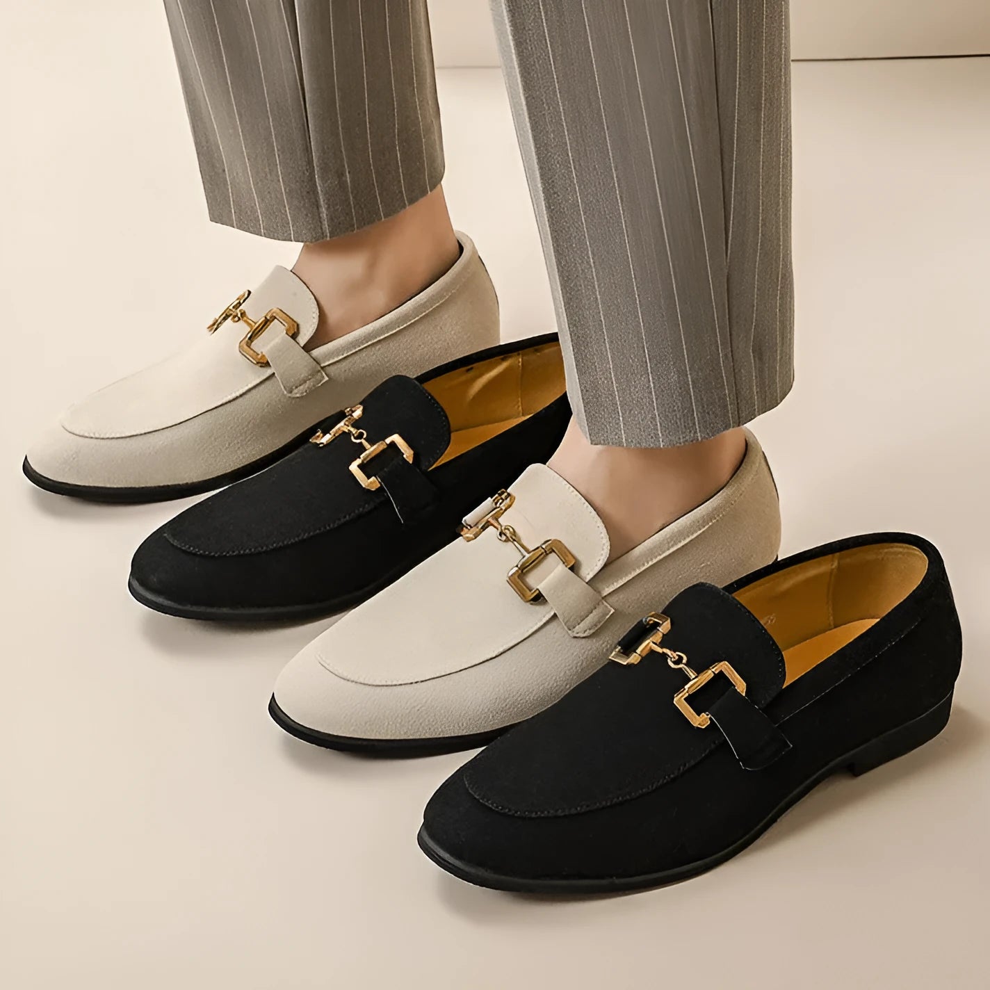 Men's plus size casual leather shoes with metal buckle, black colour, rubber outsole, side view