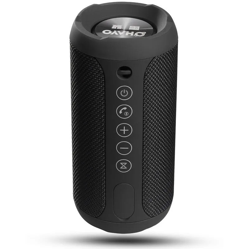 Waterproof portable outdoor speaker in black with Bluetooth, AUX, and TF card playback options