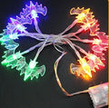Halloween LED string lights with pumpkin, bat and ghost decorations showing colour changing illumination