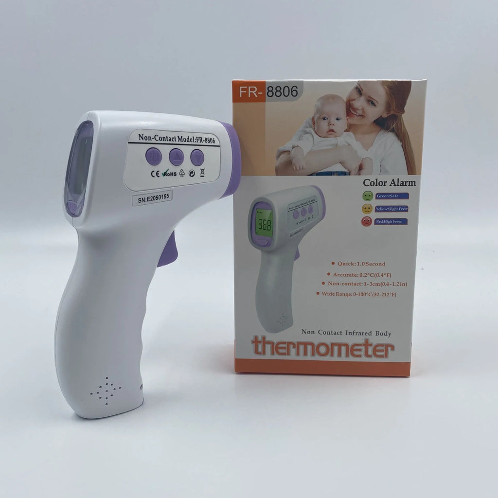 White digital thermometer with non-contact temperature measurement capability and electronic display