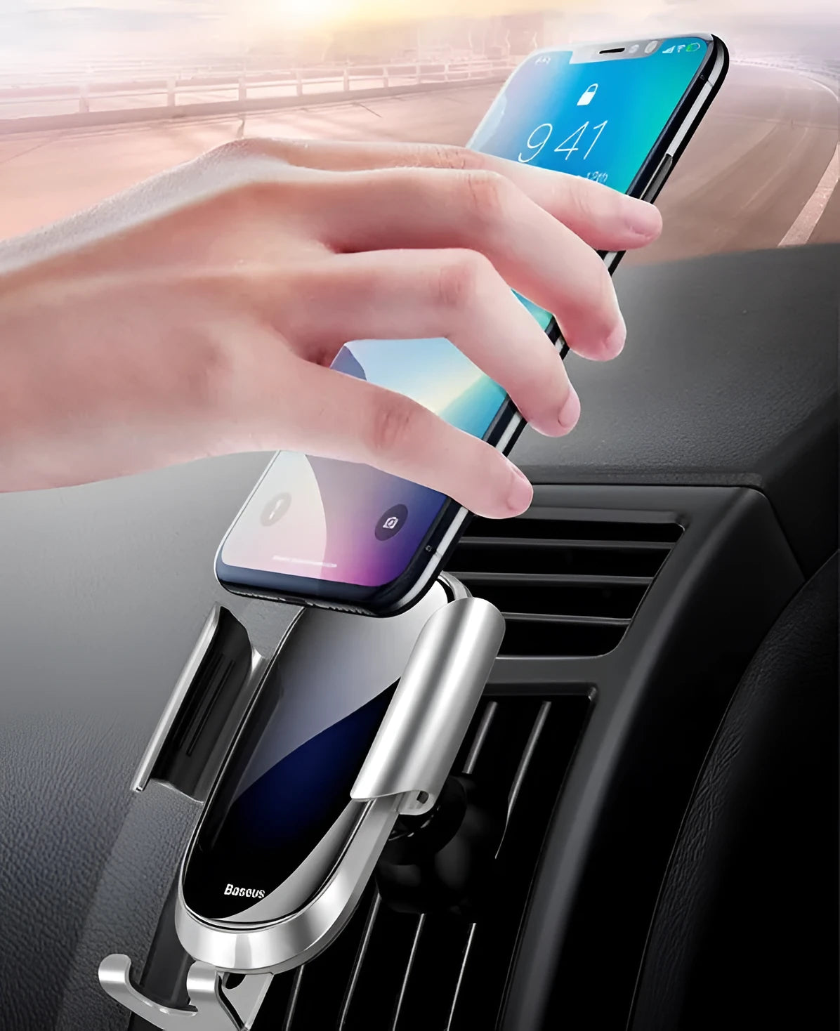Universal smart car bracket holding phone, available in black, blue and silvery colours
