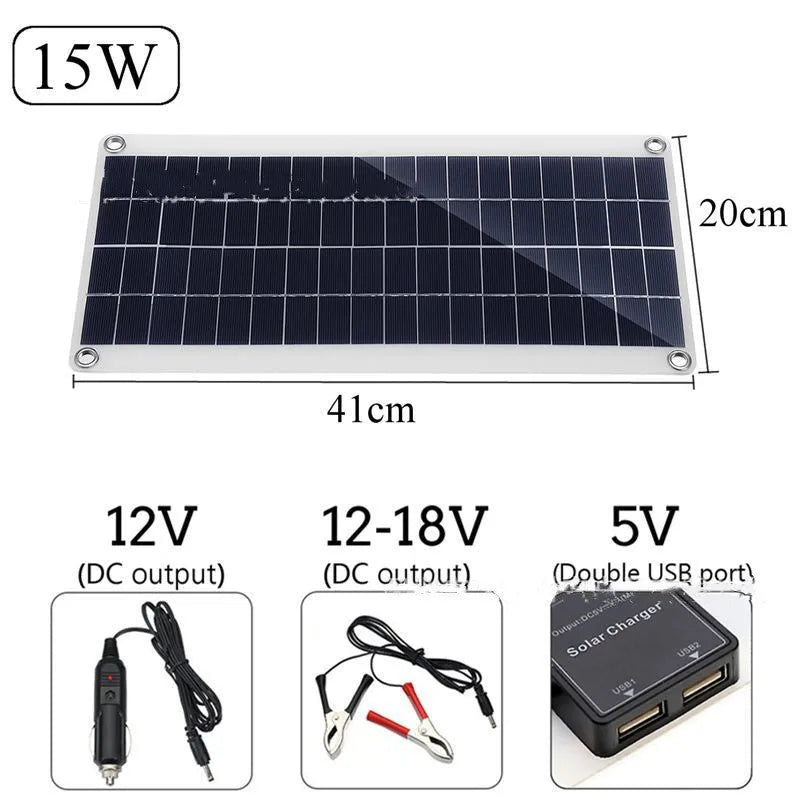 Portable solar panel with dual USB ports for outdoor device charging.