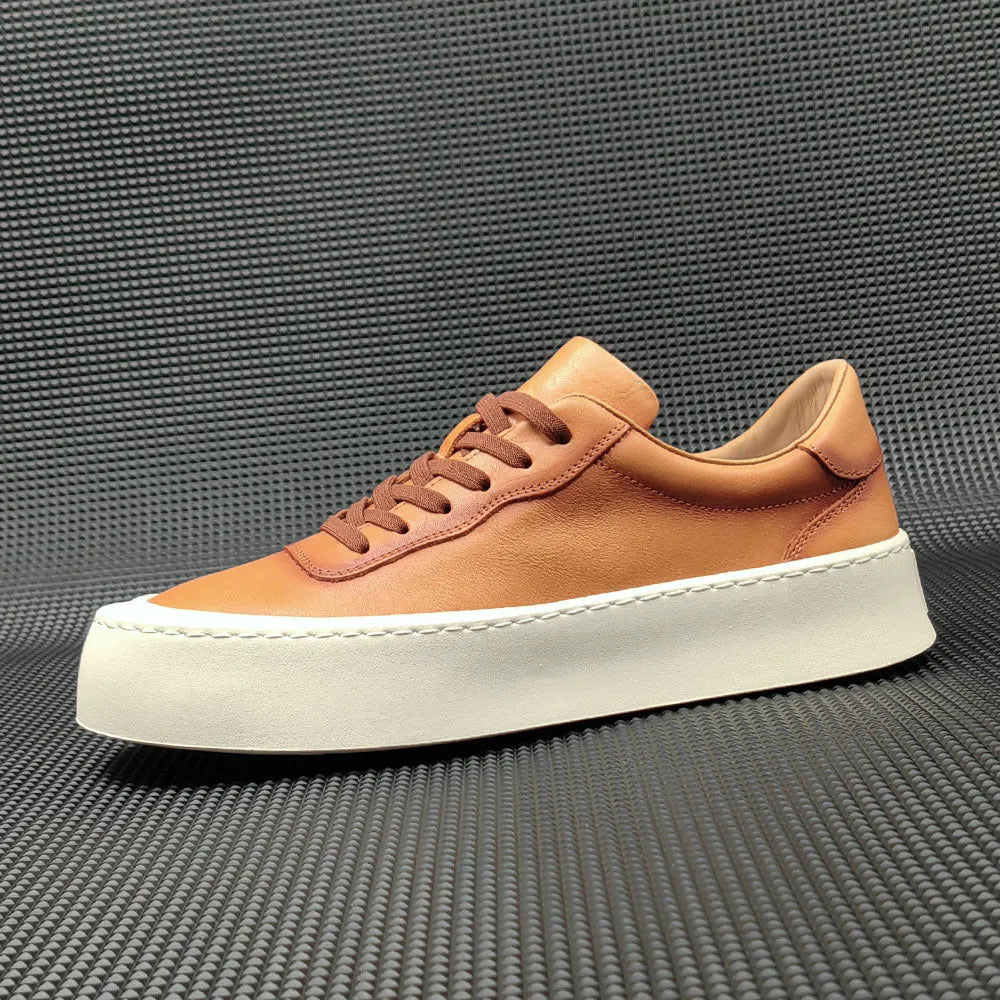 Men's white cowhide platform board shoes with thick rubber sole and round toe design