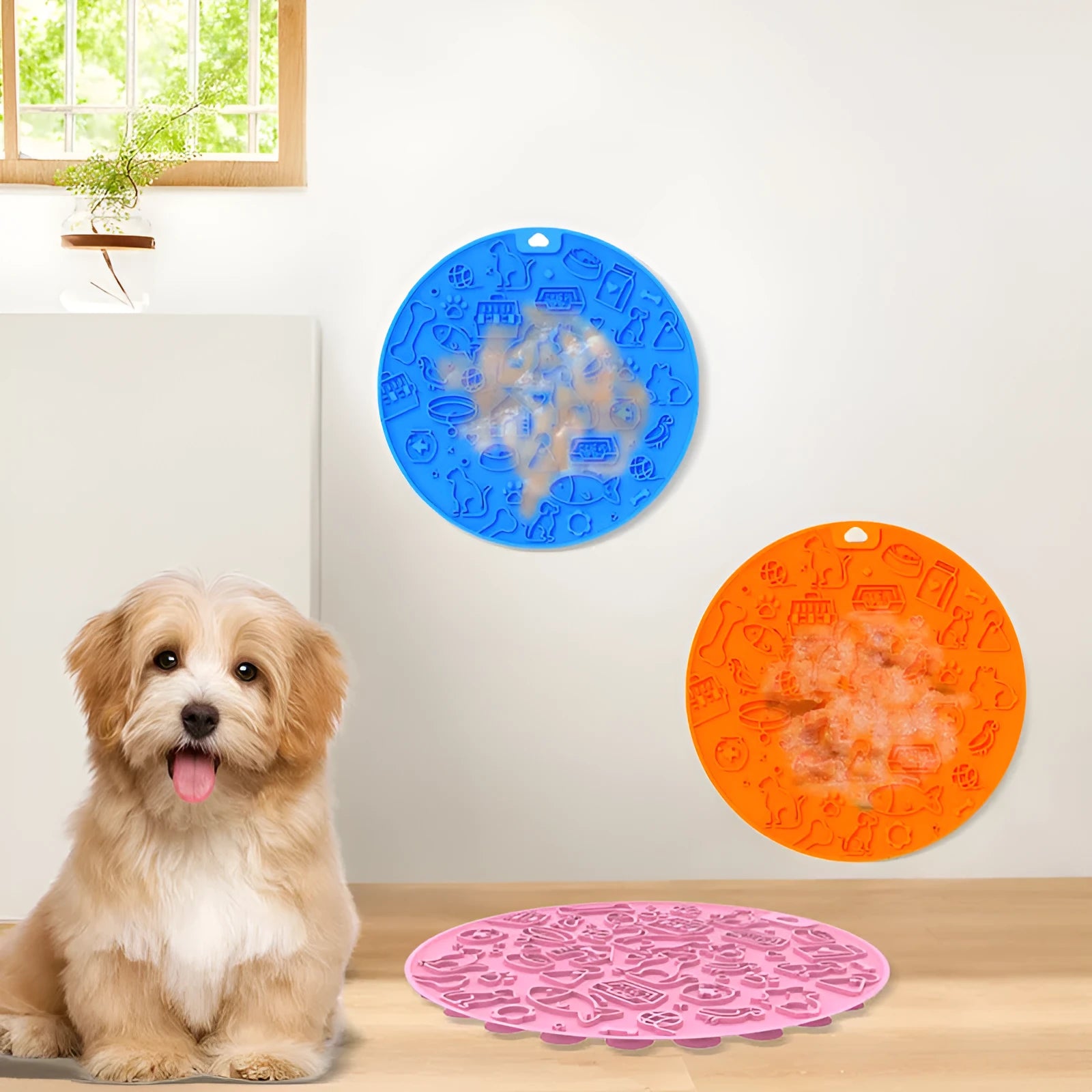 Round grey silicone pet lick mat with textured surface and a clear suction cup on its base.