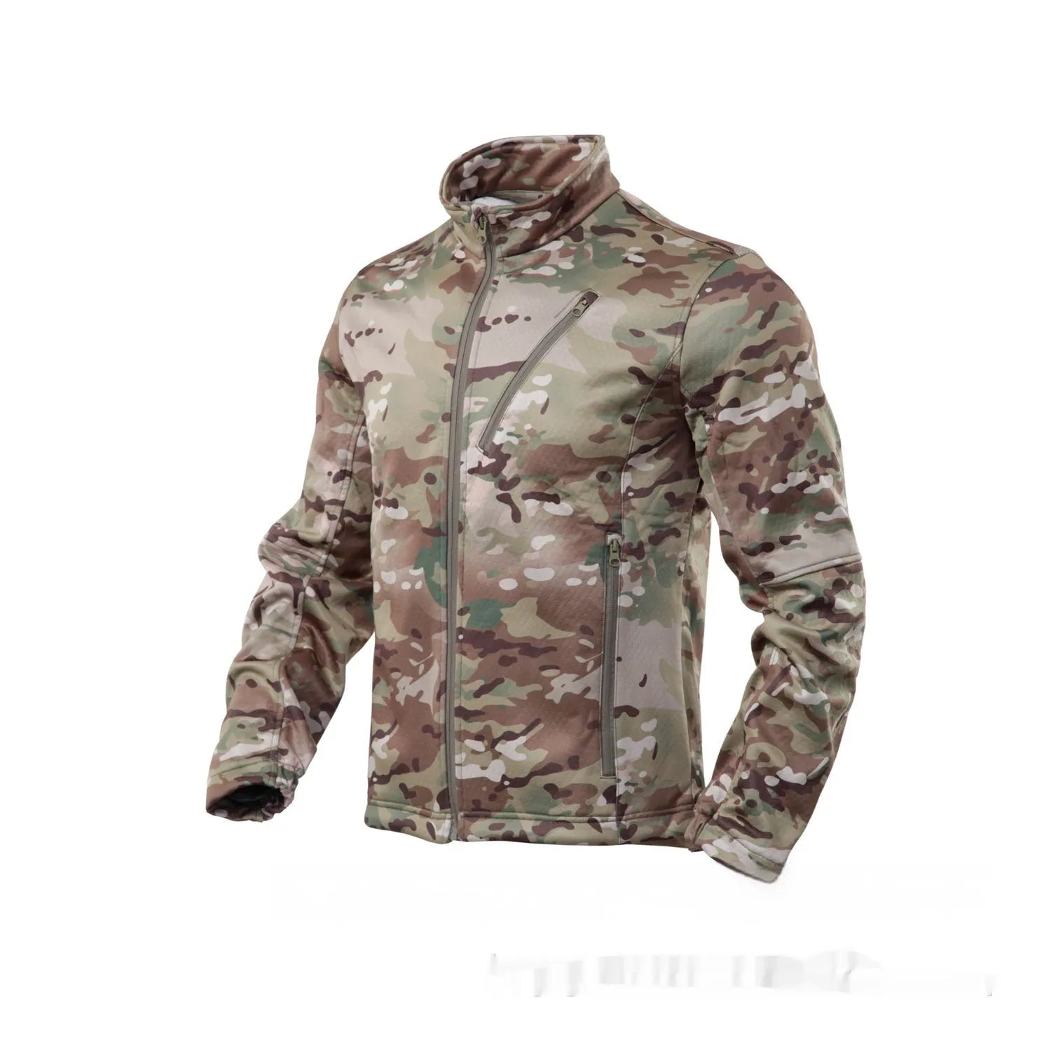 Men's camouflage pattern fleece coat for outdoor activities.