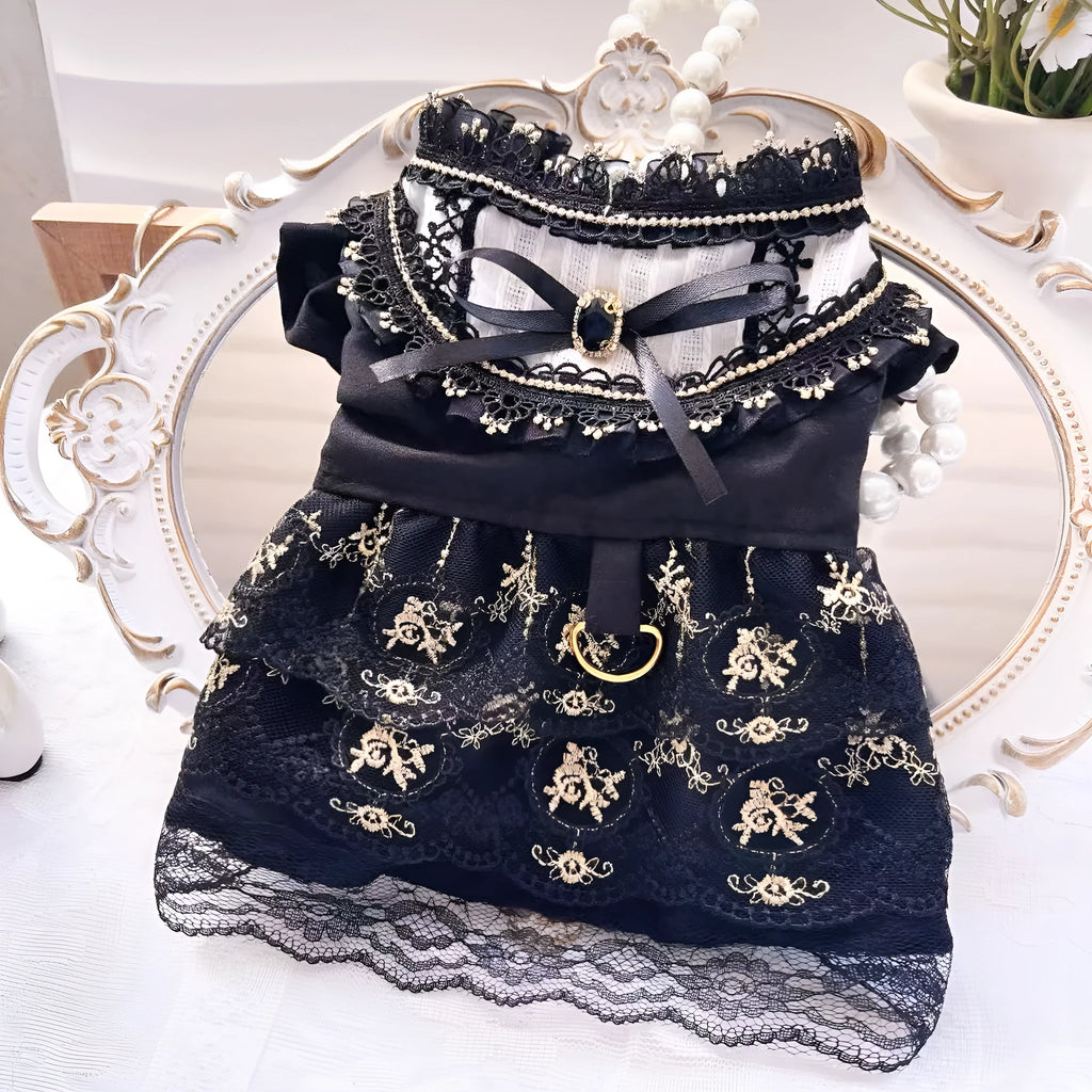 Golden gothic princess-style skirt costume for a small dog on a white background.