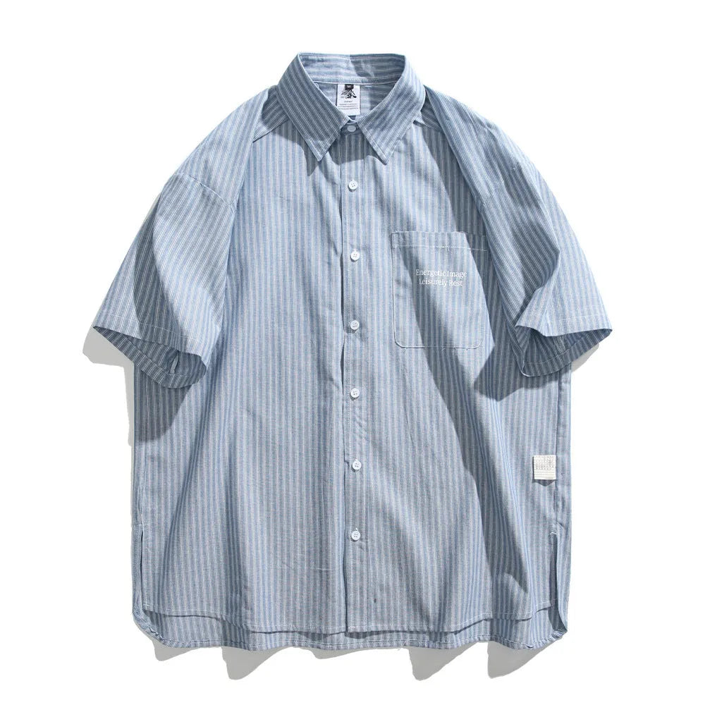 Blue striped unisex short-sleeve overall shirt in a loose cardigan style