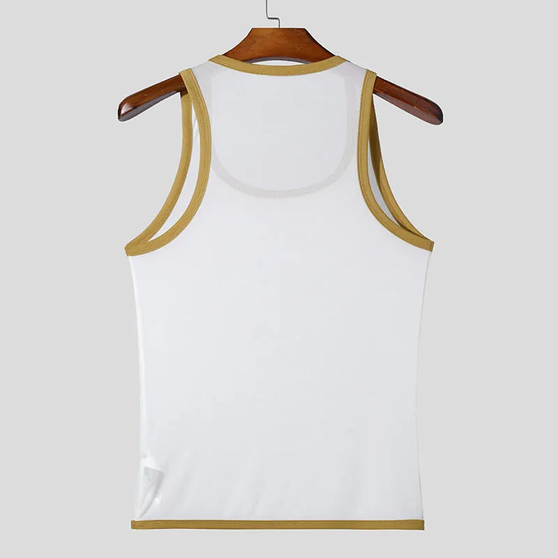 Men's white polyester mesh athletic vest with tight fit and straight hem design
