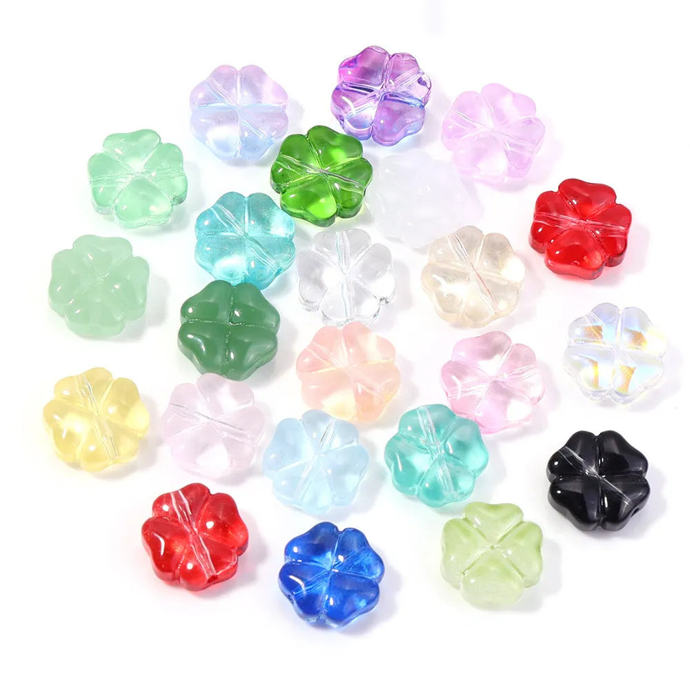 50 glass four-leaf clover beads in assorted colours with coloured glaze finish and 10mm straight hole design.