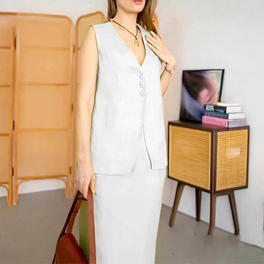 Women's blue casual two-piece set with sleeveless vest top and long skirt on hanger