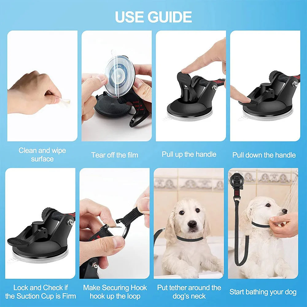 Pet bathing restraint kit with suction cups and traction ropes for dog washing
