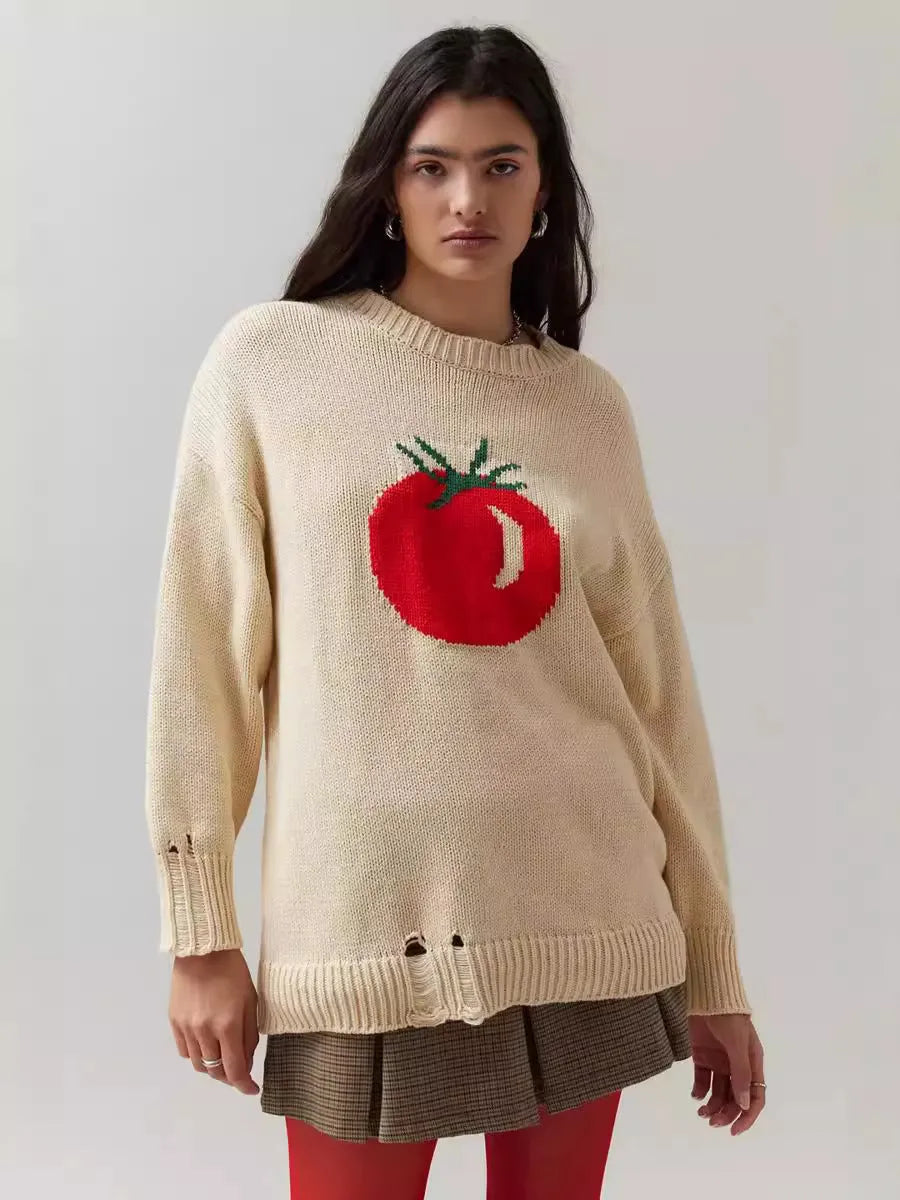 Women's beige acrylic Jacquard pullover sweater with round neck and loose-fitting medium length design