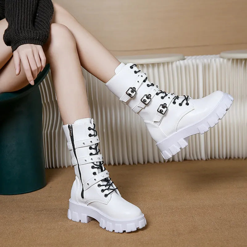 Women's punk mid boots in white with buckle, lace-up front, side zip, round toe, and artificial PU upper