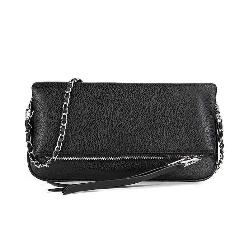 Women's black chain folding clutch shoulder messenger bag with shell shape design and sandwich zipper compartment