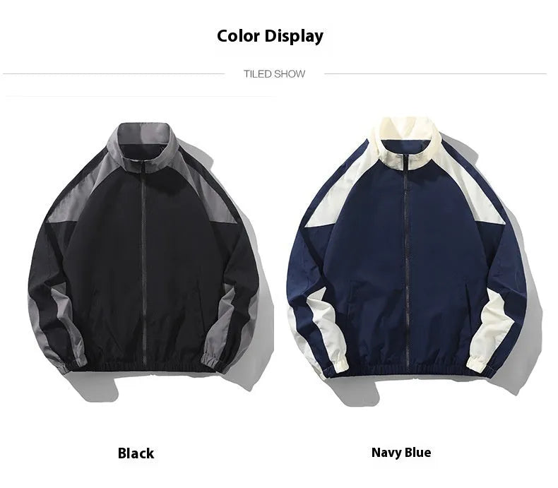 Men's black polyester jacket with contrast stitching and side seam pockets on a model