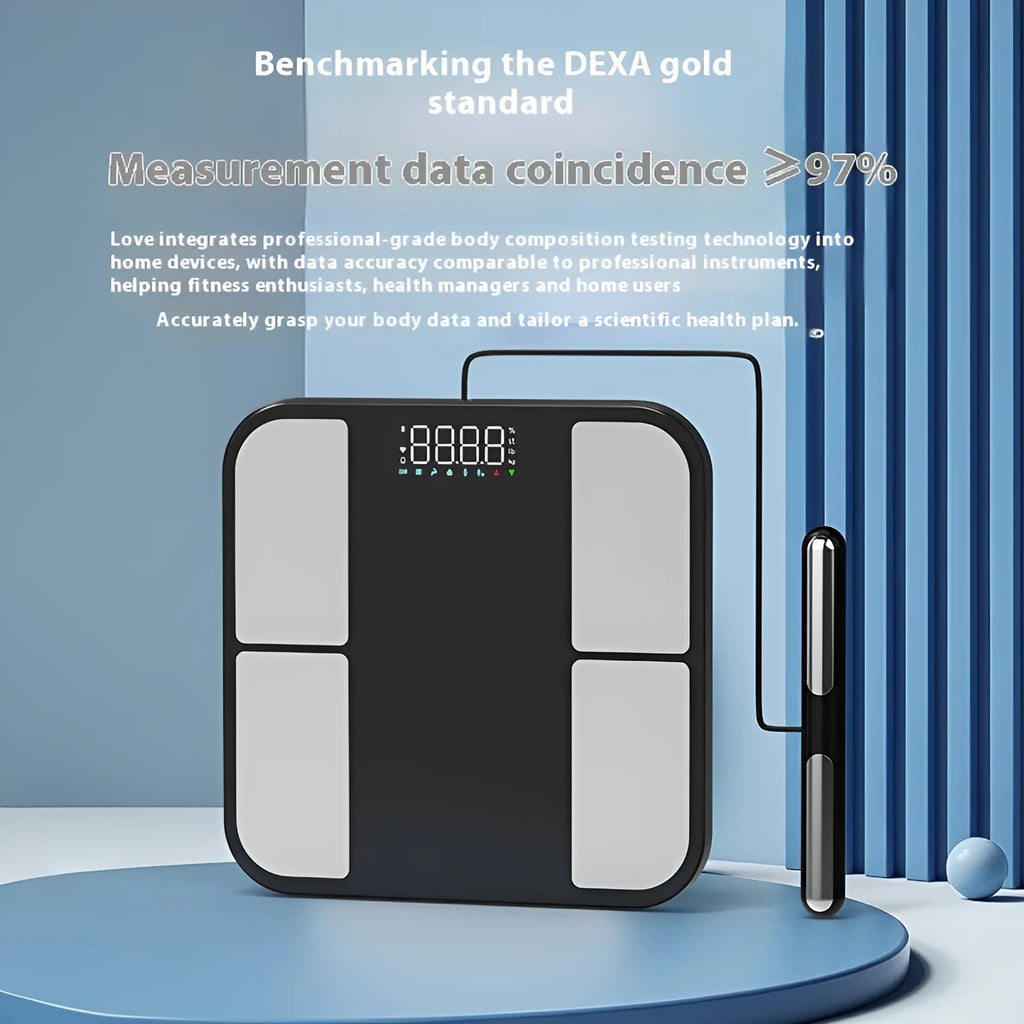 Black electronic health scale with tempered glass platform displaying body composition analysis on colour screen