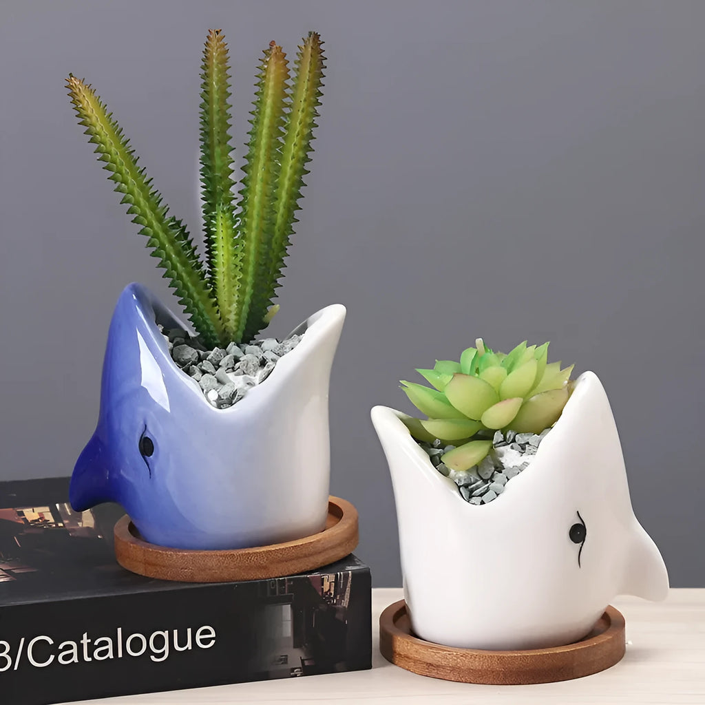 Creative cartoon ceramic succulent pot with drainage hole, blue colour, on a desk with a small succulent plant.